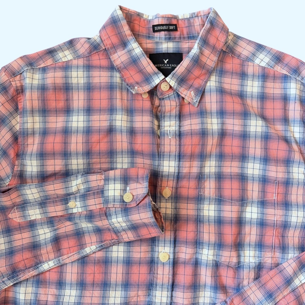 American Eagle Mens L Plaid Button Down‎ Shirt Coral Blue Seriously Soft Preppy